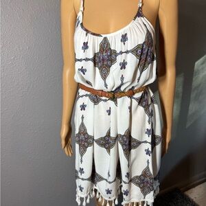 Me to We White Mini Dress with Purple and Brown Accents